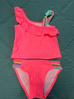 Girls Neon Pink Ruffle Tankini with Rainbow Strap Accents